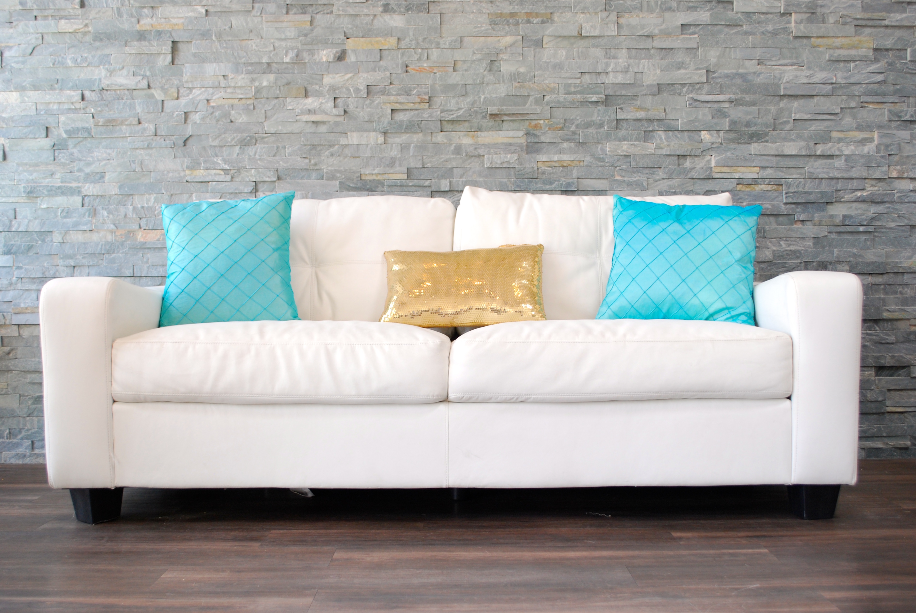 White and Blue Pillows on White Couch - Transitional - Living Room